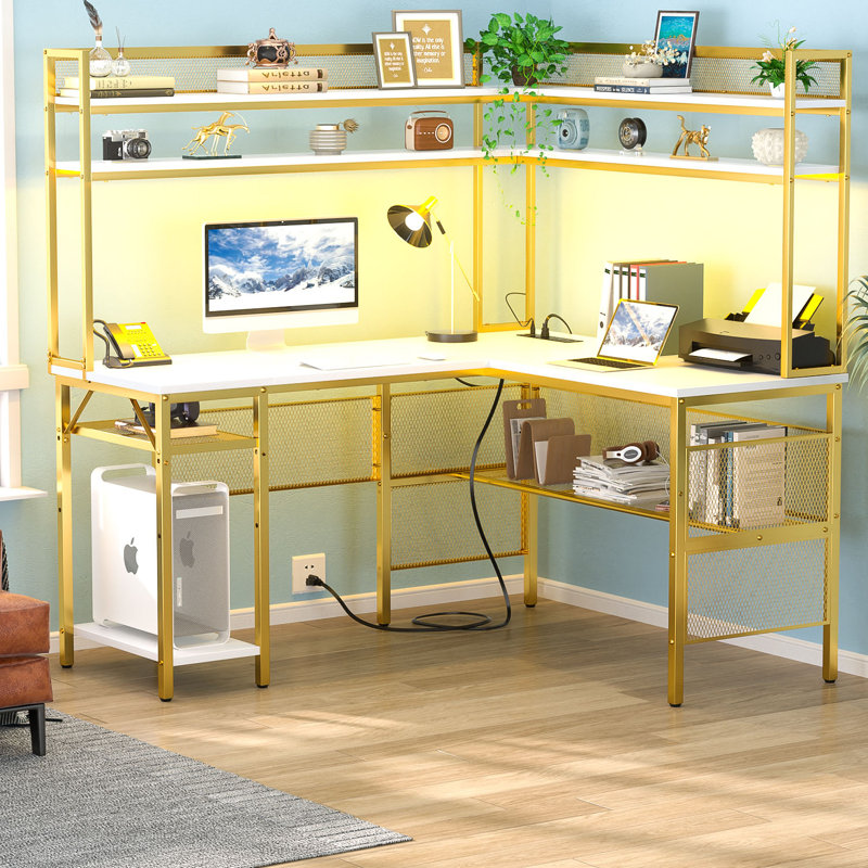 Bureau en L Laveeza avec tablettes réglables et support pour écran, bureau à domicile avec prise de courant et huche