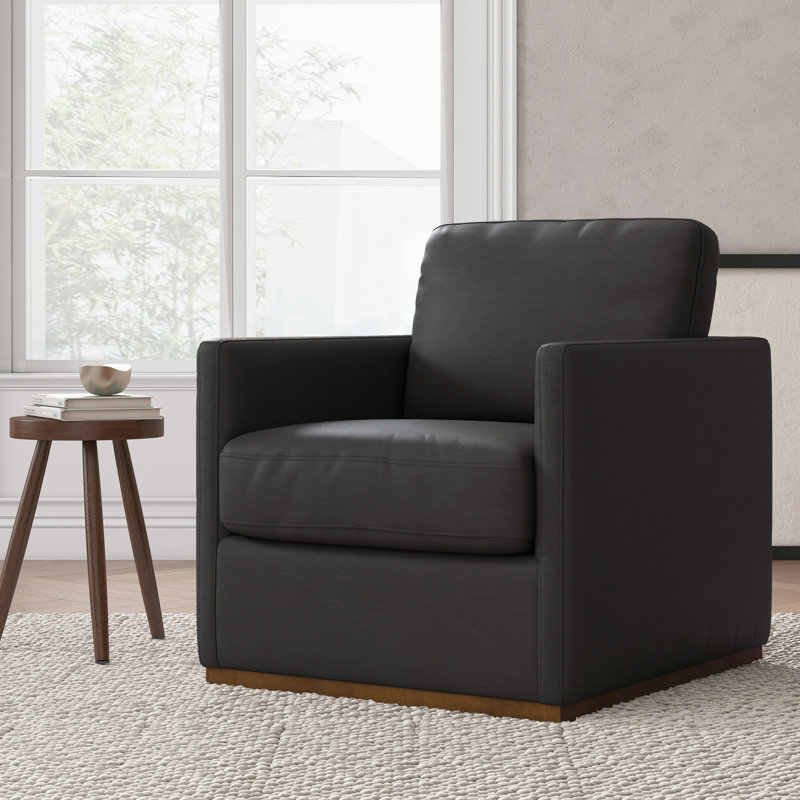 Assiatou Wide Swivel Arm Chair, Black Pebbled Faux Leather
