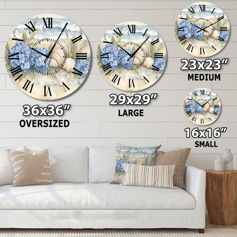 Hortensias au bord de l'eau - Horloge murale silencieuse en métal de style côtier, Grand