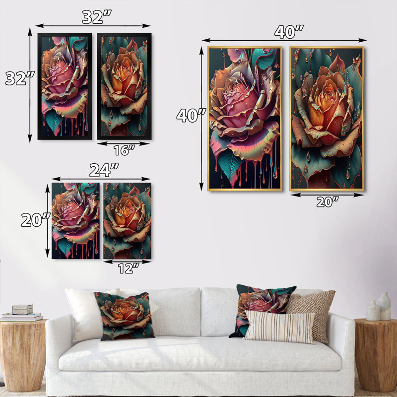 «Modern Blooming Rose», 2 pièces sur toile, H 40 po x l 40 po, Encadrement doré