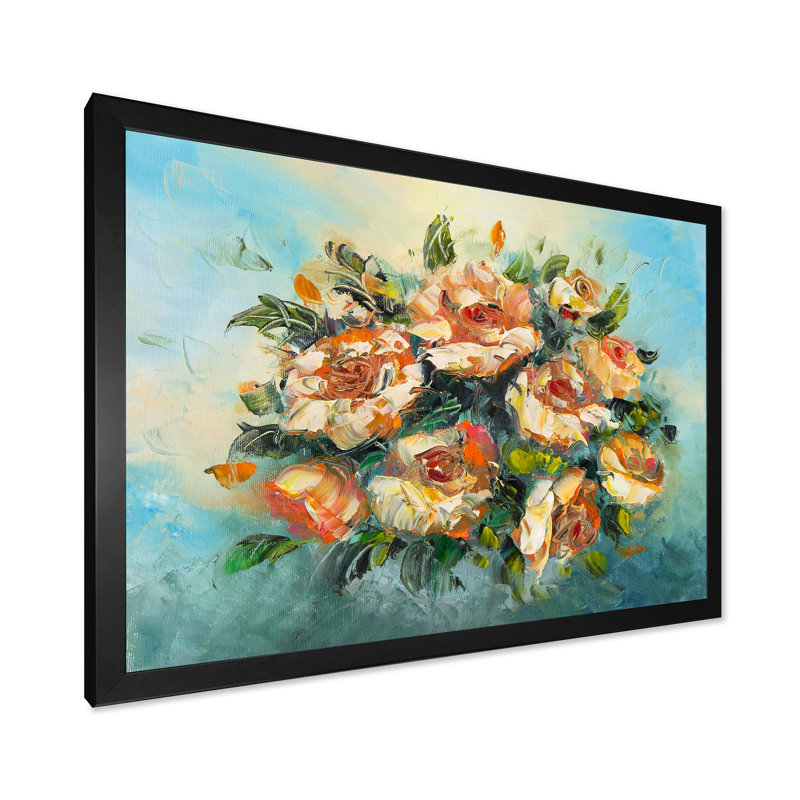 Bouquet de fleurs rétro rose foncé - peinture sur toile, H 24 po x l 32 po x P 1 po, Cadre photo noir