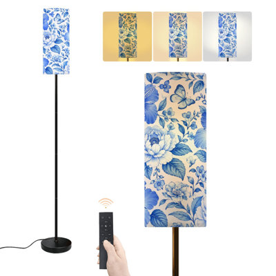 Floor Lamp Vintage floral blue butterfly white leaves Wild Roses Toile classic Dimmable Modern Standing Lamp with Remote Control Footswitch Bulb Lampshade Tall Pole Corner Lamp for Living Room Bedroom Office
