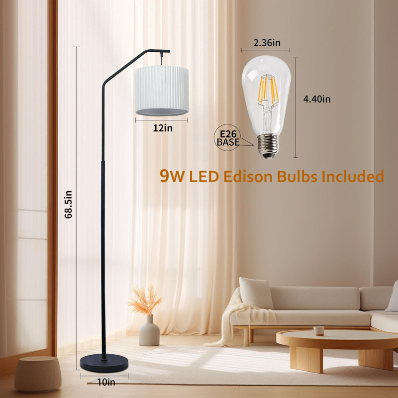 68" Adjustable Floor Lamp With 9W LED Edison Bulb, Pleated Lampshade, Foot Switch & Zipper Control