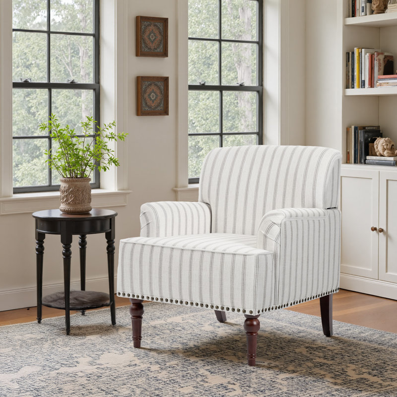 Iliana Armchair with Solid Wood Legs and Nailhead Trim, Pinstripe Grey