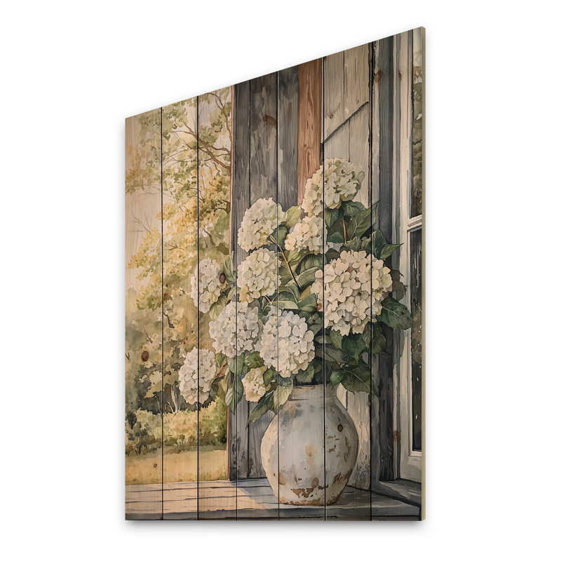 Pot d'hortensias champêtre dans la brise d'été - décoration murale en bois d'hortensias - sur bois de pin naturel