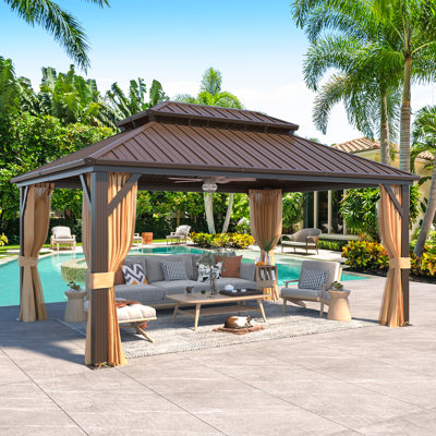 16 Ft. W x 12 Ft. D Patio Aluminum Hardtop Gazebo, Double Galvanized Steel Roof, All-Weather Permanent Pavilion, Outdoor Canopy with Curtains and Netting, Designed for Hot Tub, Deck, Backyard