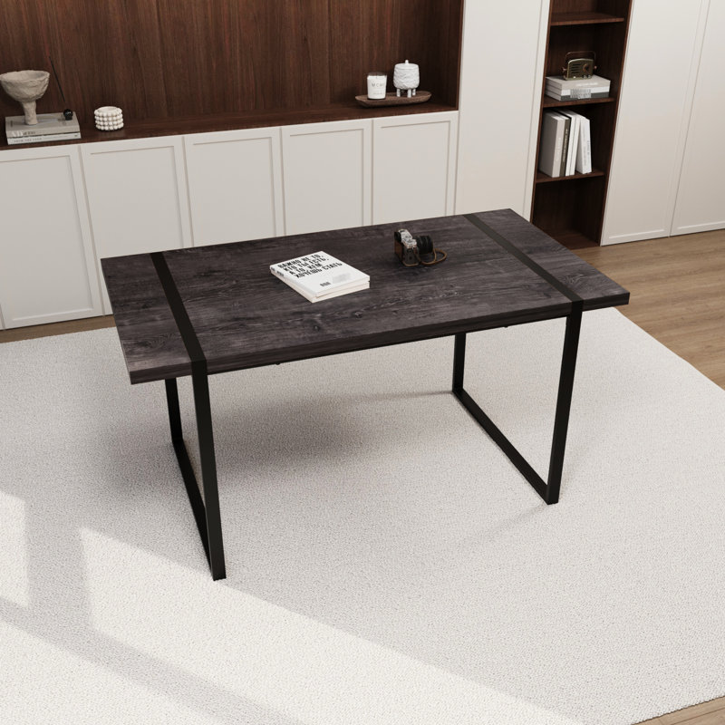 Table de salle à manger rectangulaire, 150 cm, noire, pieds en métal, plateau épais de 3,8 cm, pour 4 à 6 personnes, usage domestique et cuisine, avec structure et plateau épais.