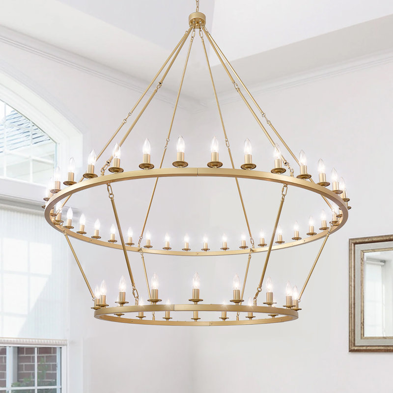 Daquez 54-light Dimmable Wagon Wheel Chandelier, 67.5" H x 60" W x 60" D, Gold
