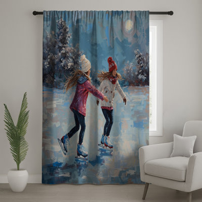 Children Ice Skating Winter Window Curtains, Ice Skating Sheer & Blockout Curtains - 1 Panel