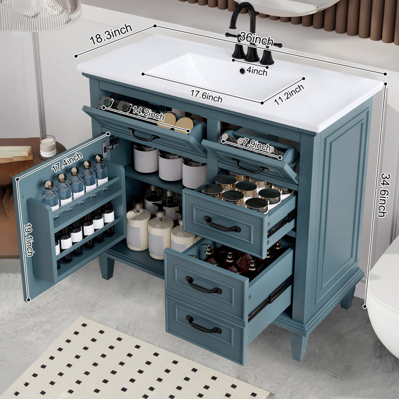 Armoire de meuble-lavabo 36 po avec comptoir en céramique, Bleu / Noir