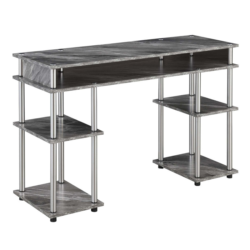 Edwin No Tools Writing Desk with Shelves, Gray Faux Marble/Silver Poles