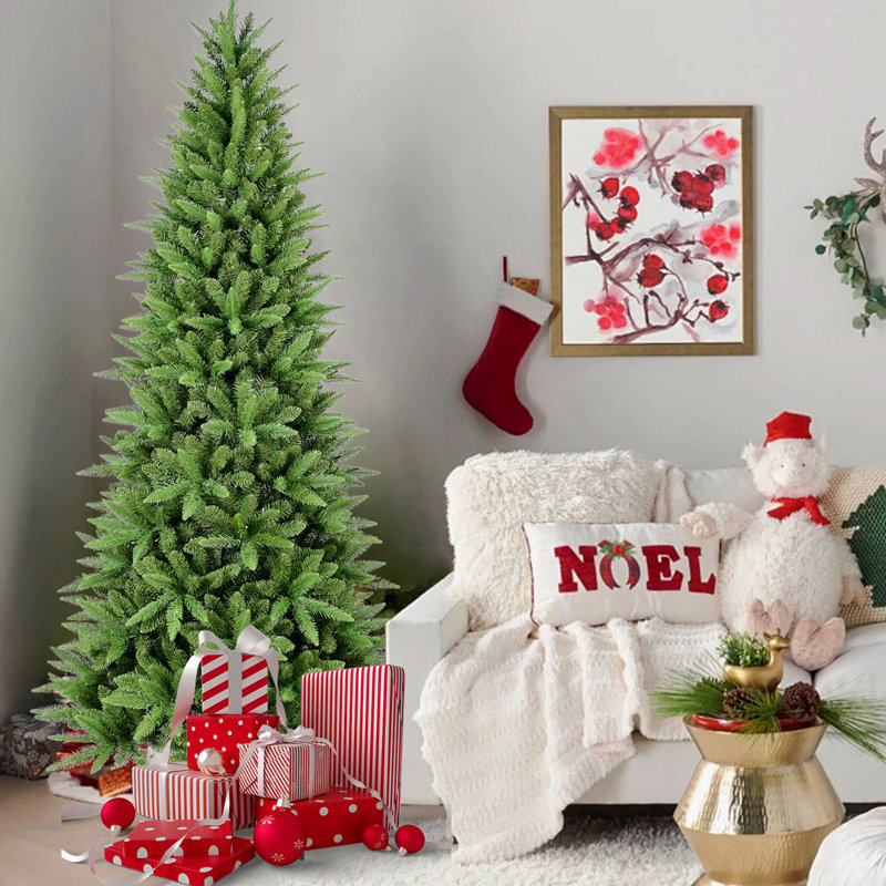 9FT Slim Christmas Tree – 2152 Tips,  PE+PVC Branches, Hinged Design For Easy Setup, Stable Metal Stand, 9', Not Pre-Lit