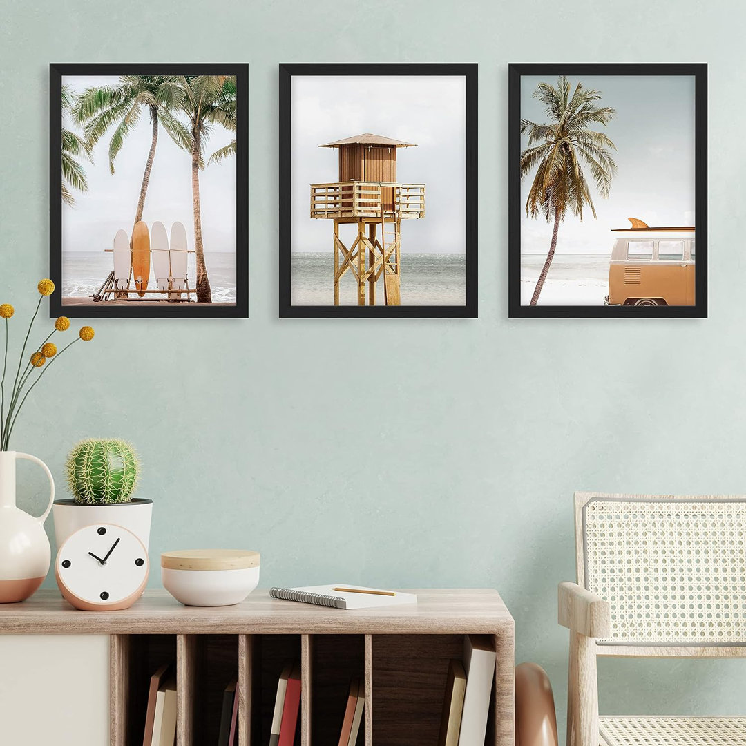 Coastal Beach IDEA4WALL Framed Poster Bathroom Decor Wall Art Room Decor Multicolor For Living Room, Bedroom, Office California Beach Palm Tree Ocean Lifeguard Tower Wilderness Nature 3 Pieces IDEA4WALL Frame