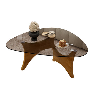 Modern Glass Coffee Table with Walnut Wood Base, 32.3" Mid-Century Style Accent Table for Living Room
