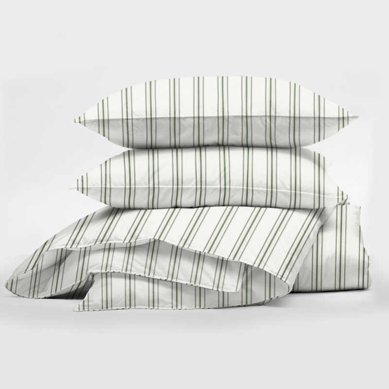August Stripe Reversible Cotton Duvet Cover Set, Sweet Grass, Full Duvet Cover + 2 Standard Shams