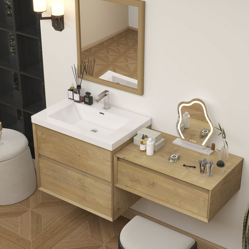 Meuble-lavabo mural 60 po avec évier en acrylique renforcé Aliki, Chêne