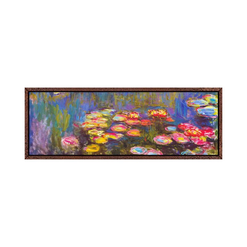 Water Lilies by Claude Monet - Floater Frame Panoramic Painting on Canvas, Brown Framed, 30.48 cm H x 91.44 cm W