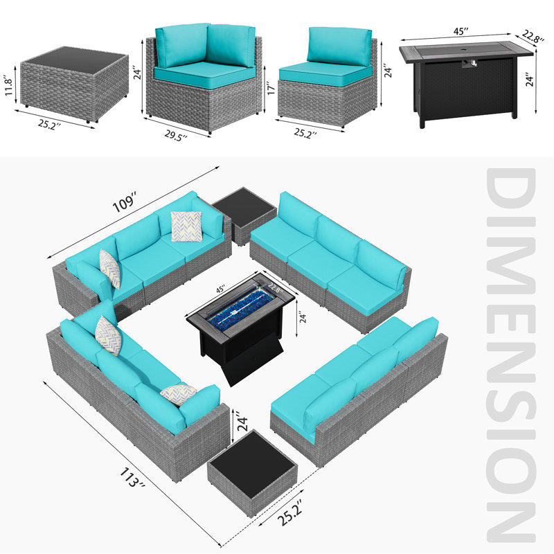 Ensemble de conversation d'extérieur pour 12 personnes avec table foyer, Bleu, Argent argent