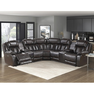 Pittsville 121"W Modern Faux Leather Reclining Sectional Sofa with Consoles