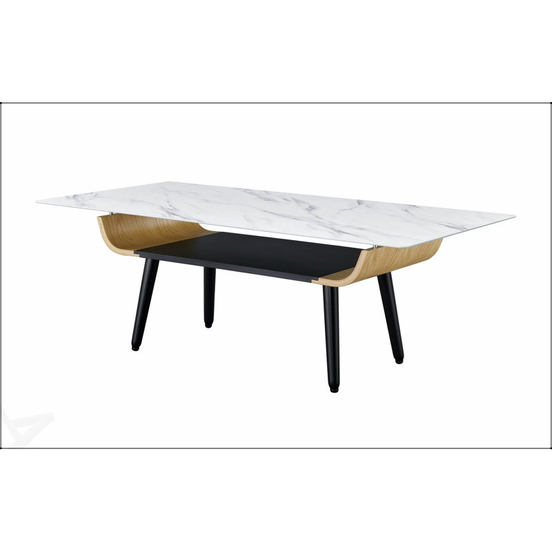 Table basse Landon de 47 pouces avec plateau en verre texturé marbre blanc et design en bois cintré pour une élégance moderne