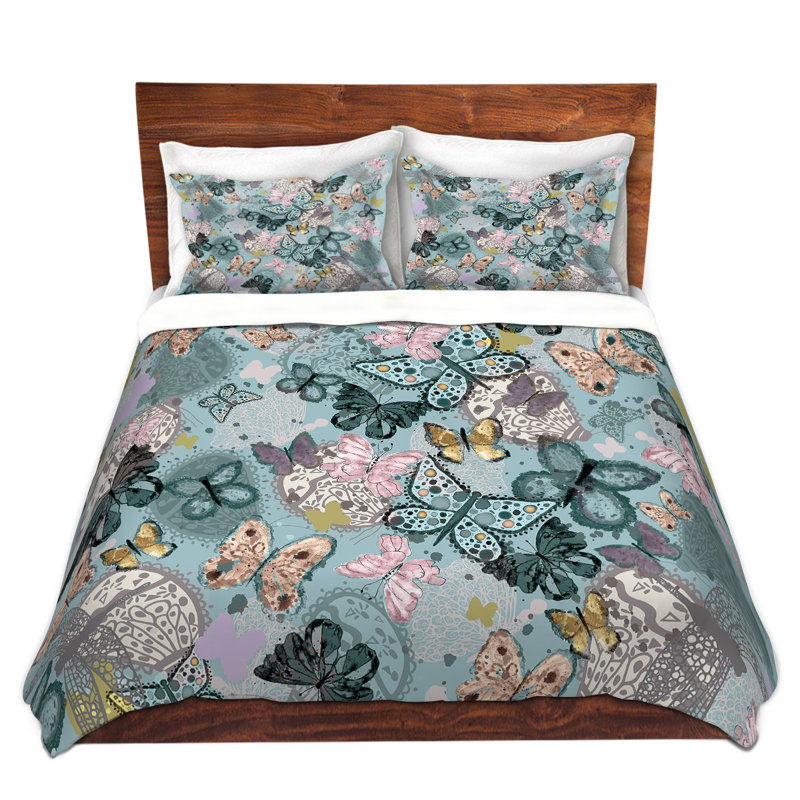 Ensemble de housse de couette papillons, 1 housse de couette grand + 2 taies standards, Noir / Gris