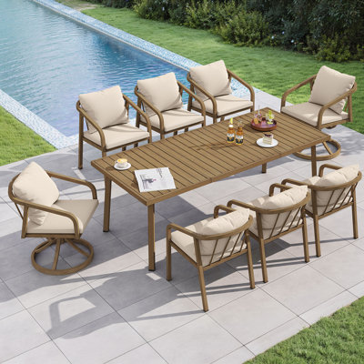9-Piece Aluminum Outdoor Dining Set, 8 Swivel and Stationary Chairs with Cushions, Rectangular Table with Umbrella Hole, Patio Furniture for Patios, Decks, Gardens,Teak
