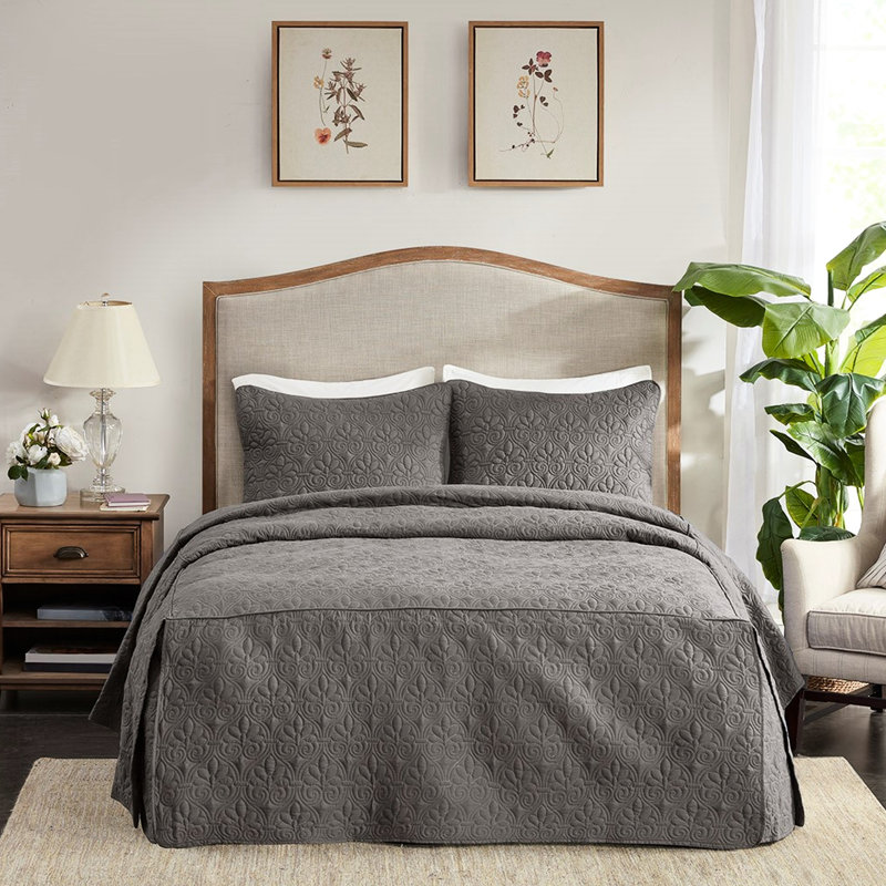 Très grand couvre-lit 3 pièces très grand gris foncé plissé en coin, microfibre douce, rembourrage 100%, literie charmante en tissu microfibre, design moderne