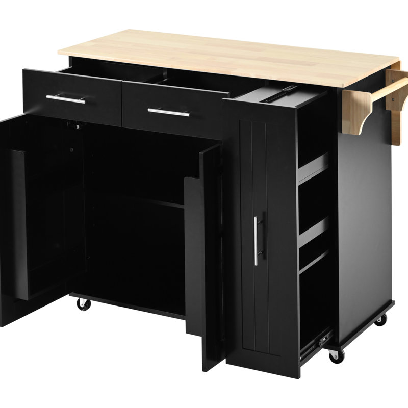 Mobile Kitchen Storage With Large Drop Leaf & 3 Tier Cabinet, Black Island Rubber Wood Countertop, Black
