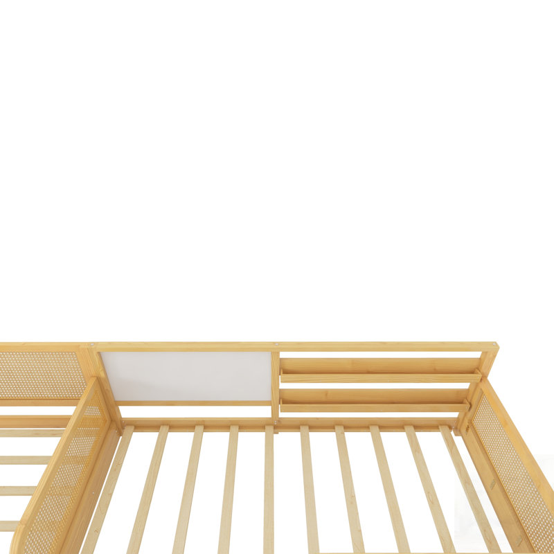 Base de lit en L pour 2 enfants, convertible et amovible avec tableaux blancs, étagères et lumières DEL, Naturel