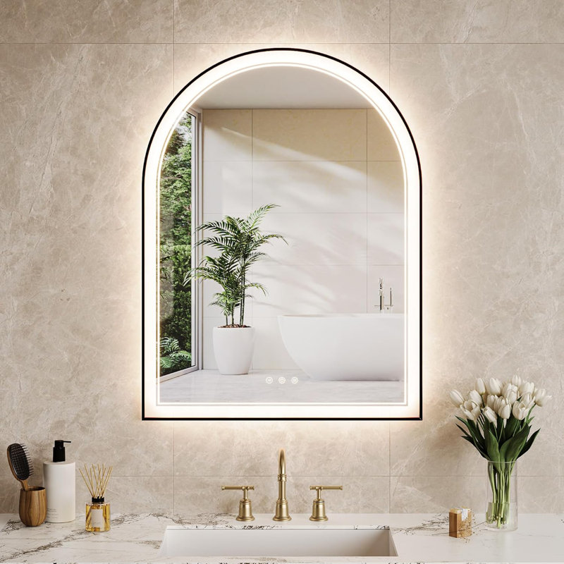 Miroirs de salle de bain arqués à DEL avec anti-buée, avec miroir à DEL à éclairage avant et rétroéclairé à intensité variable pour la salle de bain, miroir de salle de bain à température de couleur 3, suspendu ou incliné