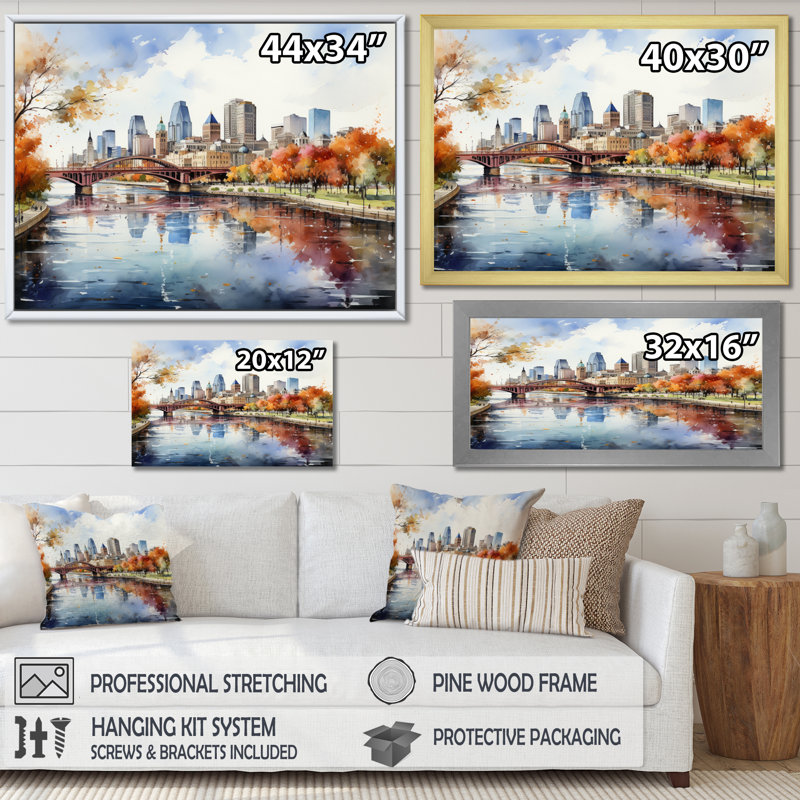 Minneapolis en automne I, H 12 po x l 20 po x P 1 po, Cadre flottant doré