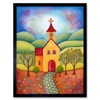 Countryside Chapel Spring Landscape Folk Art Watercolour Painting Artwork Framed Wall Art Print 9X7 Inch