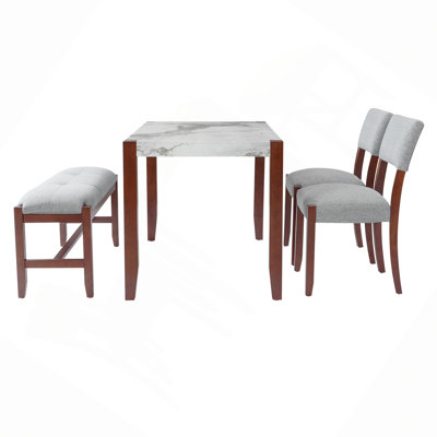 Ensemble de salle à manger 4 pièces, 1 table en marbre avec 2 chaises rembourrées et 1 banc avec pieds en bois d'hévéa massif, siège rembourré, dossier incurvé, peu encombrant, salle à manger