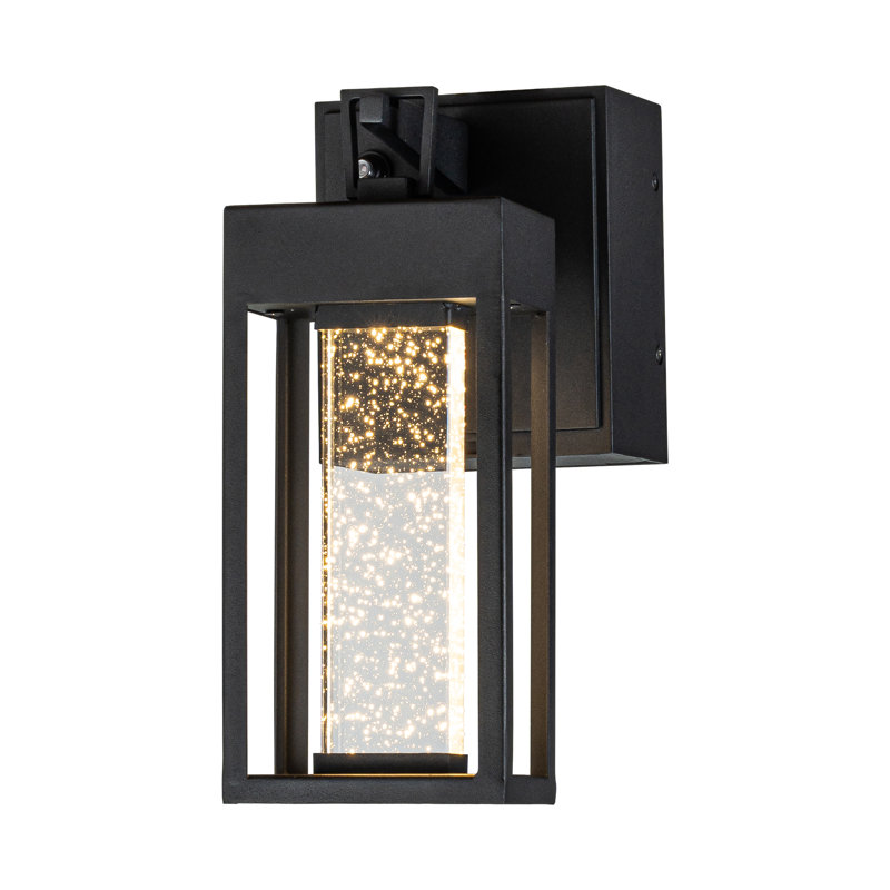 Farhib Modern LED 3000K Dusk to Dawn and GFCI Outlets Sensor Outdoor Black Wall Lantern Sconce with Seeded Glass