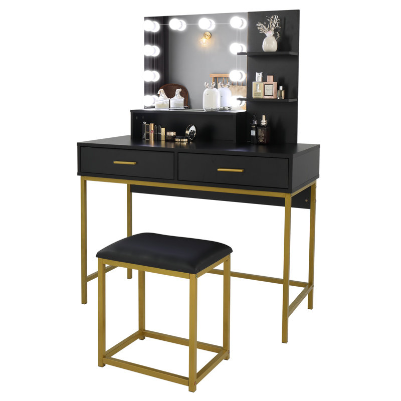 Large Makeup Vanity Set With 10 Led Bulbs, Cushioned Stool, 3 Storage Shelves And 2 Drawers