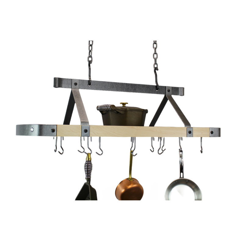 Signature 45" Oval Ceiling Pot Rack Hammered Steel w Maple & 18 Hooks