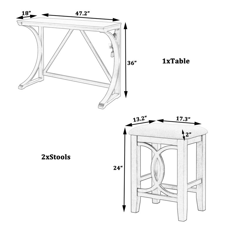 Edik Farmhouse 3-Piece Counter Height Dining Table Set with USB Port and Stools, Kitchen Table Set,dining room set,dinning table set
