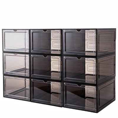 X-Large Clear Shoe Boxes Stackable Plastic Shoe Organizer ,Thicken & Sturdy Shoe Storage Box with Magnetic Door, Drop Front Shoe Box For Display Sneakers( 9 Pack/Clear Black)
