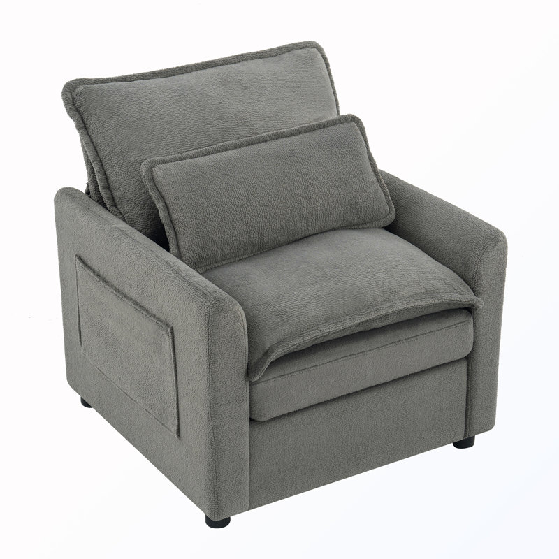 Fauteuil d'appoint rembourré avec coussin double couche et poches de rangement latérales, Gris