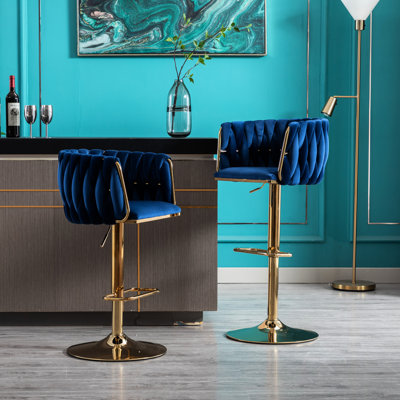 2 tabourets de bar à hauteur réglable, tissu en velours bleu marine, pieds dorés, repose-pieds et base, option de tabourets pivotants en hauteur, velours, base