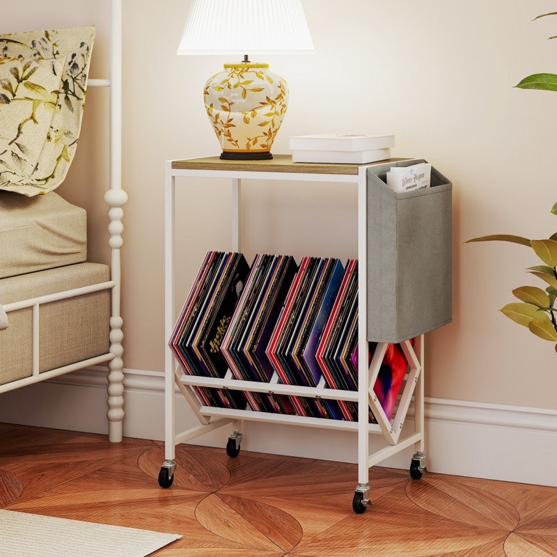 Support à roulettes à 2 niveaux pour platine vinyle avec rangement pour disques et porte-revues, naturel, Tan
