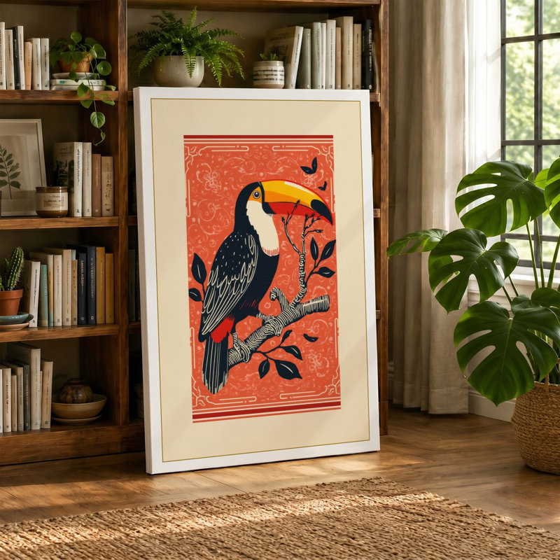 Toucan on Branch Boho - Wrapped Canvas, 36x24 - 91.4 x 61.0 cm, Teal Border
