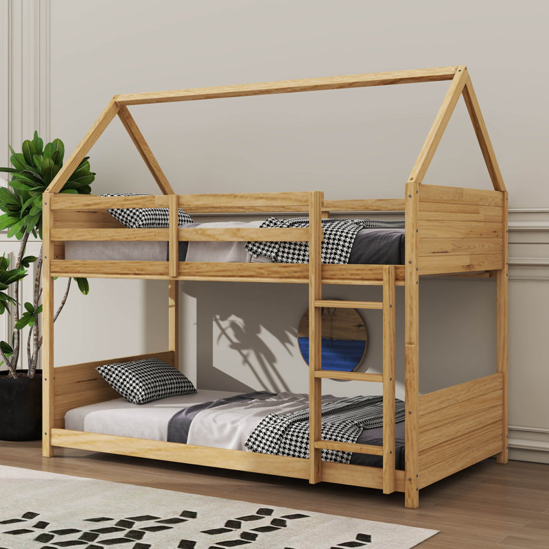 Twin Over Twin House Inspired Floor Bunk Bed With Headboards Included, White Oak