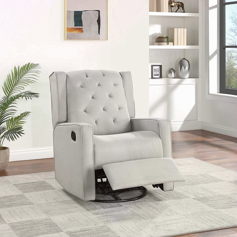 Contemporary Light Color Polyfiber Swivel Recliner Chair 1Pc Manual Motion Wing Back Tufted Cushion Living Room Furniture Glider Chair
