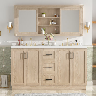 [Viedo]59" Double Sink Bathroom Vanity with SMC Sink, 4 Doors & 3 Drawers, Modern Wood Grain MDF Vanity Cabinet with Adjustable Shelves, Soft-Close Doors & Hidden Slides