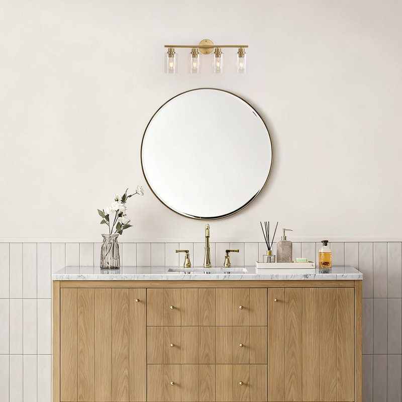 4-Light Bathroom Light Fixtures, Brass Modern Vanity Lights Over Mirror With Clear Glass Shade, Bathroom Wall Lamp For Mirror Kitchen Hallway Cabinet Porch Reading Room