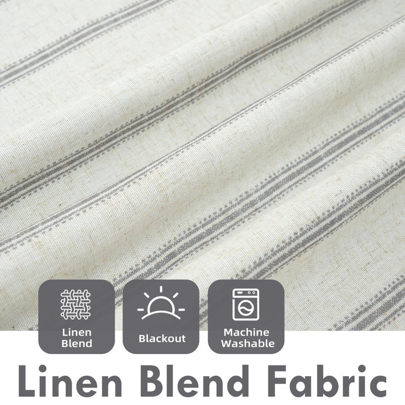 Rideau en mélange de lin Geza, Rayures bleu marine / lin clair, L 52 po x L 45 po