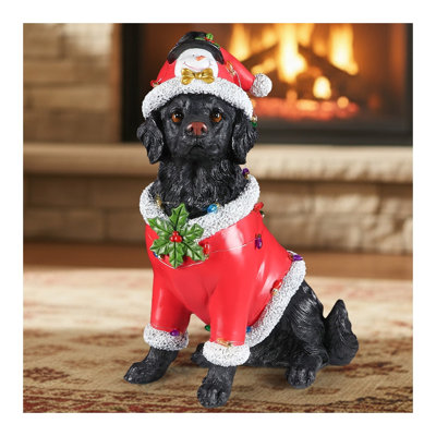 Christmas Golden Retriever Statue, Holiday Dog Figurine in Pink Santa Outfit, Resin Indoor Decoration