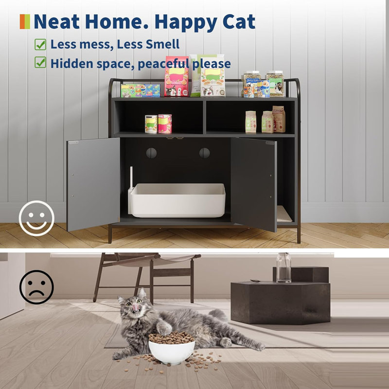 Enceinte de litière moderne pour chat avec cadre en métal - double étagères de rangement et ventilation - litière cachée pour chat - maison de chat d'intérieur multifonctionnelle, à l'épreuve des chiens, s'adapte à la plupart des bacs à litière - noir