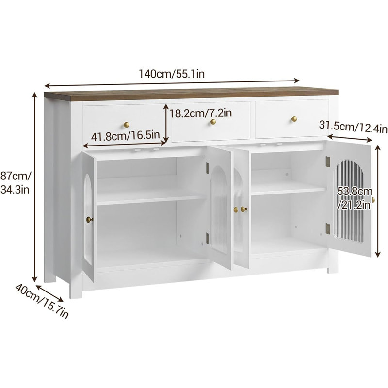 Farmhouse Buffet Sideboard Cabinet With 4 Doors And 3 Drawers, Kitchen Cabinet With Adjustable Shelf, White